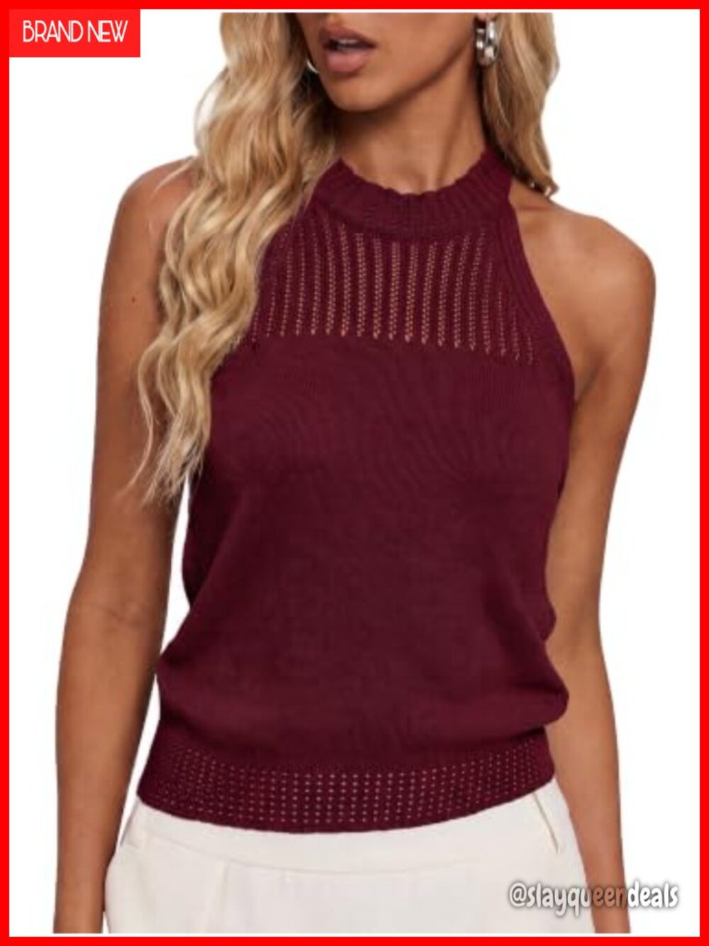 Crochet Knit Halter Top High Neck Sleeveless Sweater Vest
